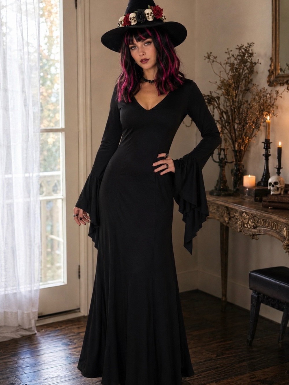 🎃 Gothic Witch Costume - Dress, Skull & Roses Hat, Streaked Wig